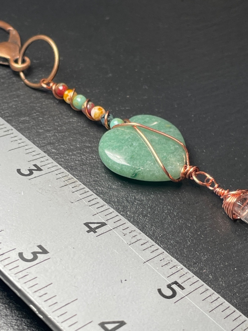 Handmade Aventurine Heart Keychain with Clear Quartz Point - Picture 10 of 10